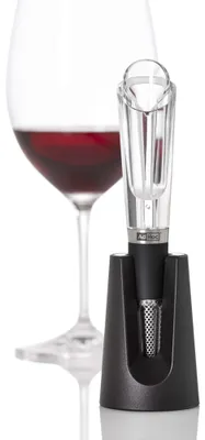 Immagine prodotto di Decantatore e versatore per vino, modello Vine, in acciaio inossidabile/plastica/silicone, diametro: 3 cm, altezza: 16 cm, con supporto: diametro: 5 cm, altezza: 17,5 cm