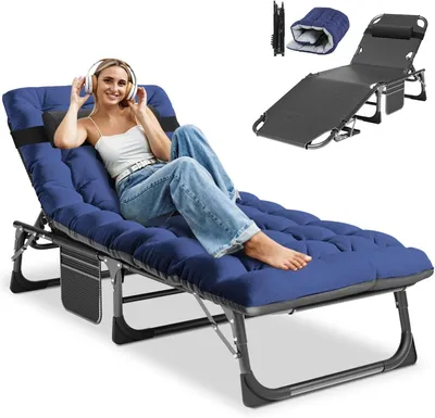 Obrázek produktu pro Skládací lehátko – cestovní postel – pro relaxaci venku – nastavitelná opěrka zad – nosnost 200 kg – barva: černá a modrá