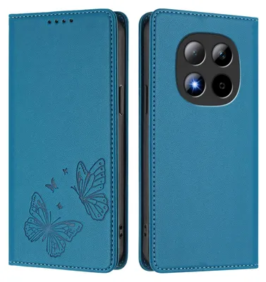 Produktbild von Lederhülle für Xiaomi Redmi Note 15 Pro 5G, Schmetterling Prägung Leder Brieftasche Schutzhülle mit Ständer Blau