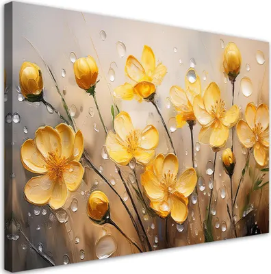 Produktbild von Leinwandbild Gelbe Blumen Pflanzen Tautropfen 60x40 Feeby Gelb bild für die wand bereit zum aufhängen