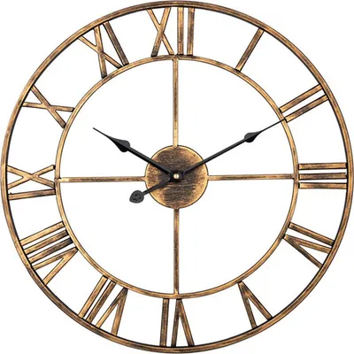 A close-up view of a large, round, metal wall clock with Roman numerals and black hands.