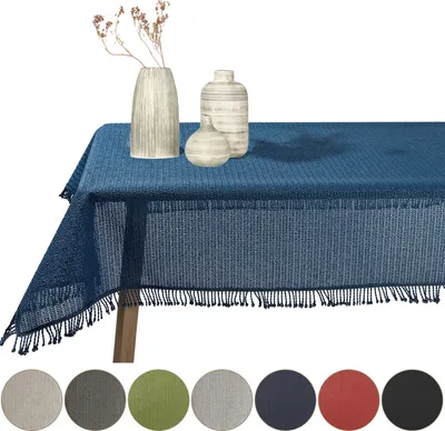 Produktbild von Gartentischdecke mit Fransen Navyblau Eckig 130x220cm Tischdecke Schaumtischdecke abwischbar Garten Tischtuch