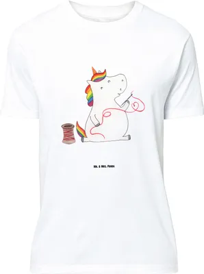 Produktbild von Mr. & Mrs. Panda Größe L T-Shirt Einhorn Näherin - Weiß - Geschenk, Shirt, mit Spruch, Stricken, Tshirt, Einhörner, Freundin, Unicorn, Häkeln, Basteln
