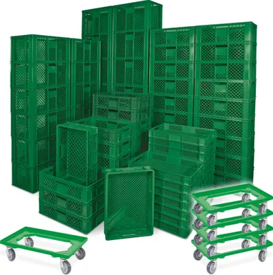Produktbild von 78 Stück Stapelkörbe/Bäckerkästen in 5 Größen, Grundmaß LxB 600 x 400 mm, H 90 mm, 150 mm, 240 mm, 320 mm, 410 mm, Farbe grün + 5x Transportroller, grün