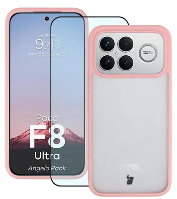 Produktbild von Schutzhülle + gehärtetem Glas für Xiaomi POCO F8 Ultra, Bizon Angelo Pack, Semitransparent mit hellrosem Rahmen