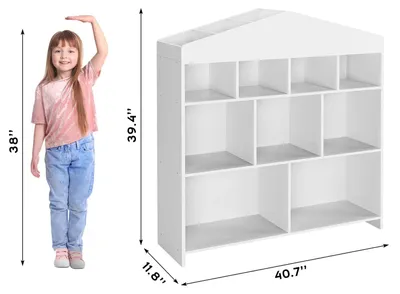Produktbild von Kinder Bücherregal aus Holz - Hausförmiges Regal - 15 Würfel & 9 Fächer - Bücher- und Spielzeugregal - Kippsicherung zur Wandmontage - Für Kinderzimmer Spielzimmer - Weiß