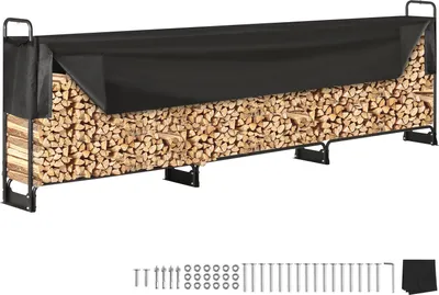 Zdjęcie produktu dla Stojak na drewno opałowe metalowy 386 x 36 x 117 cm Stojak na drewno opałowe stalowa rama malowana proszkowo Stojak na drewno opałowe 400 kg z wodoodporną pokrywą