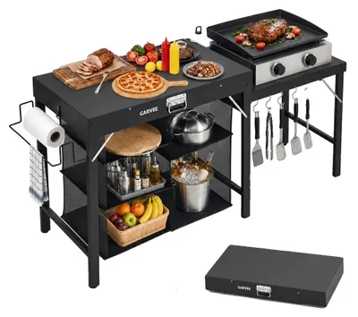 Immagine prodotto di Tavolo pieghevole per barbecue, altezza: 77 cm, struttura in metallo robusto, pieghevole, ideale per l'esterno, con ripiano multistrato