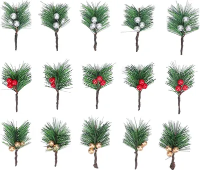 Produktbild von 15 Stück Weihnachts-Stechpalmenbeeren, Tannennadeln, künstliche Rot-Silber-Gold-Picks für die Weihnachtsdekoration