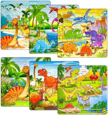 Productafbeelding van Puzzelset voor kinderen, 6 puzzels, 90 stukjes, educatief dinosaurus thema, geschikt voor kinderen vanaf 3 jaar