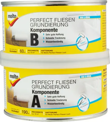 Produktbild von Molto Perfect Fliesen Grundierung, 2K Grundierung, Kachel, Aluminium, Nicht-eisenhaltiges Metall, Kunststoff, Weiß, Matte Oberfläche, Pinsel, Farbroller, Dose