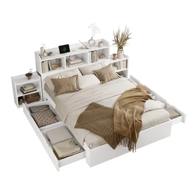 Produktbild von 140*200cm Holzbett,Doppelbett,mit Lattenrost und Kopfteil,mit 2 ausziehbaren Nachttischen,mit Ablagefächern,mit Handyladefunktion und Schubladen
