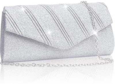 Produktbild von Glitzer Clutch in Silber, mit Ketten und Pailletten, elegante Schmucktasche für Frauen, 22x6x11cm, Abendtasche für Hochzeit und Feier