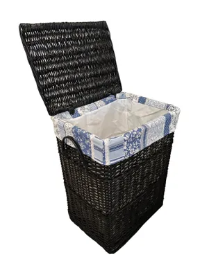 Produktbild von Wäschekorb Wäschetonnen Weide schwarz rechteckig Deckel  Bezug Blumenmuster blau 30L
