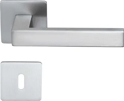 A door handle set with a square escutcheon plate.