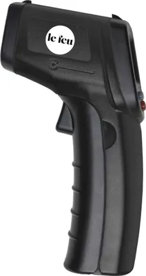 A black infrared thermometer is shown against a white background.