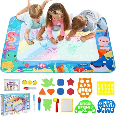 Imagen del producto de Alfombrilla de dibujo con agua, tamaño 120x90 cm, diseño "Océano", con accesorios, para niños de 2 a 7 años