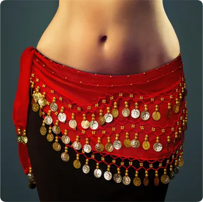 Produktbild von Belly Dance Bauchtanz Hüfttuch Kostüm 128 goldfarbenen Münzen Münzgürtel Fasching Karneval Tanzaufführung Gürtel in rot
