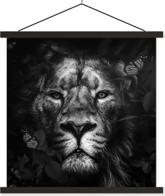 Produktbild von MuchoWow® Textilposter Schmetterling - Löwe - Pflanzen - Schwarz - Weiß 120x120 cm mit schwarzem Rahmen - Aufhängungsset