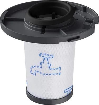 A vacuum cleaner filter with a gray plastic top and a white filter element with blue markings.