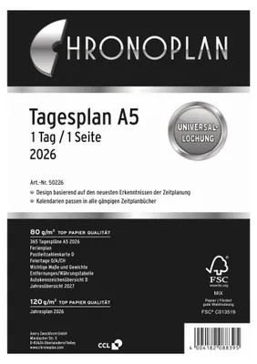 A product page for a CHRONOPLAN Tagesplan 2026 planner, showing the cover and details about the paper quality and contents.