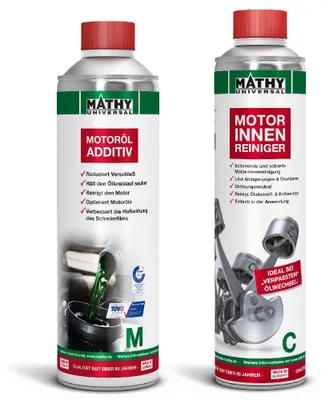 Produktbild von Motor-Reinigungs-Set - 400 ml MATHY-C Motorinnen-Reiniger + 500 ml MATHY-M Motorenöl-Additiv - Motorinnenreiniger + Motoröl-Additiv für bis zu 5 Liter Ölvolumen