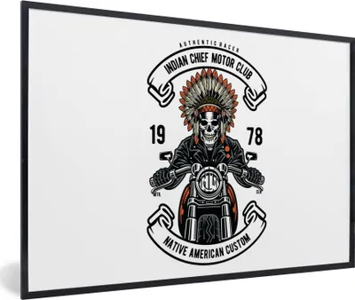 Produktbild von MuchoWow® MuchoWow® Gerahmtes Poster Skelett - Motor - Indianerzeichen - Vintage 90x60 cm - Poster mit zchwarzem Bilderrahmen - Fotorahmen - Foto-Plakat