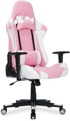 Image de Siège de jeu, siège de course avec repose-tête et support lombaire, chaise de bureau ergonomique, chaise de bureau avec dossier haut, fauteuil de bureau pivotant en similicuir PU, couleur rose