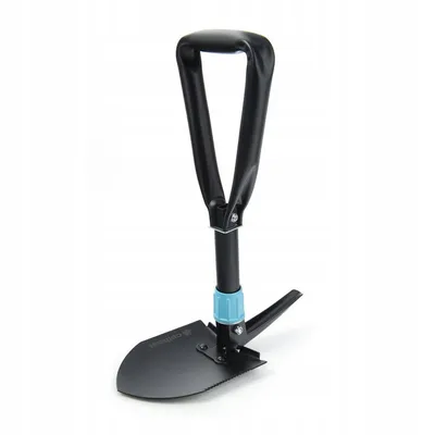A black folding shovel with a blue accent is shown against a white background.