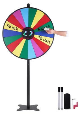 Obrázek produktu pro kolo štěstí o průměru 91 cm s 18 přihrádkami, ruleta s perem na suché stírání a 2 fixy, k postavení na stůl nebo na podlahu pro hraní hazardních her na večírcích, v hospodách apod.