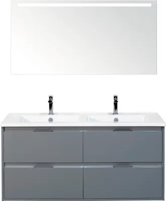 Produktbild von Sanox Badmöbel-Set Porto BxHxT 121 x 170 x 51 cm Frontfarbe eisgrün mit Doppel-Waschtisch Keramik weiß, Spiegel mit LED-