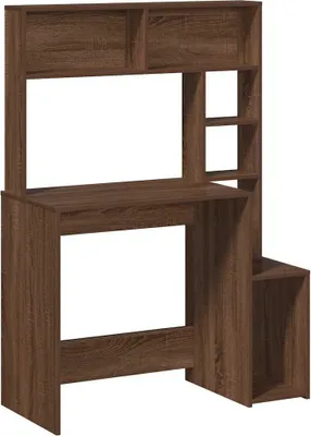 A studio shot of a wooden desk with shelves.