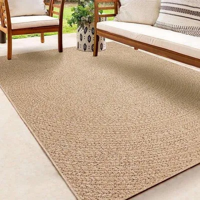 Immagine prodotto di Tappeto Unyqoos® Kansas, per interni ed esterni – aspetto robusto in juta, resistente alle intemperie e ai raggi UV, motivo a onde circolari naturali, dimensioni 200 x 290 cm