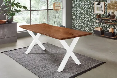 Produktbild von Esstisch Baumkante Akazie nussbaumfarben 140 x 80 cm X-Gestell weiß FREDERIK