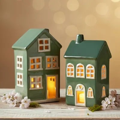 Image de Set de maisons photophores, maisons décoratives en céramique verte