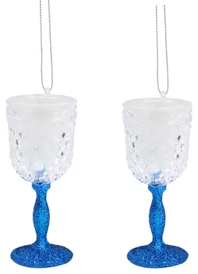 Glitzer-Weinglas-Dekoration 10 cm, königlich Blau, 2 Stück