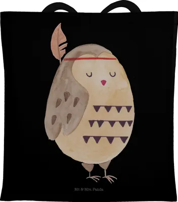 Produktbild von Mr. & Mrs. Panda Tote Bag Eule Federschmuck - Schwarz - Geschenk, Beutel, Dekoration, Laptoptasche, Shopping Tasche, Waldtiere, Owl, Schultasche, Abenteuer