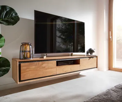 Produktbild von DELIFE Lowboard Stonegrace 175 cm Akazie Natur 2 Türen 1 Fach 1 Schublade Steinfurnier schwebend
