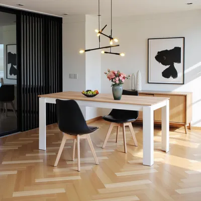 Immagine prodotto di Tavolo da pranzo Essgruppe, 160 cm, in legno di quercia e bianco, con 2 sedie nere