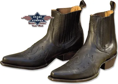 A pair of black leather ankle boots with decorative stitching, presented on a white background with a logo overlay.
