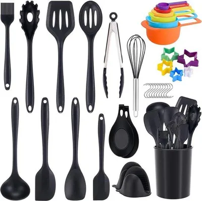 Produktbild von Silikonkochgeschirr-Set mit Halter und Hitzebeständige Kochschöpfe - schwarzes Kochgeschirr-Set für Antihaftkochgeschirr - Waschmaschinenfest