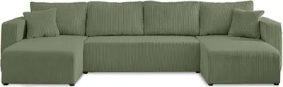 Image de Best Mobilier Topaze - canapé panoramique en U - 7 places - convertible avec coffre - en velours côtelé , Vert sauge