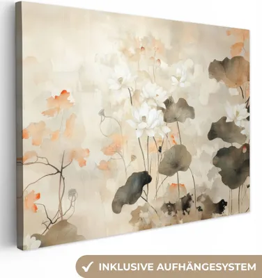 Produktbild von Leinwand Bilder 80x60 cm - Japandi - Blumen - Beige, Bild Modern, Wanddeko, Gemälde