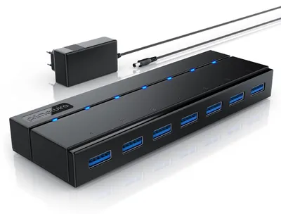 Produktbild von CSL - USB Hub 3.2 Gen1 mit Netzteil aktiv - aktiver 7 Port Verteiler - inkl. 1x 12V 3A DC-Hohlsteckernetzteil - für PC Notebook Laptop PS4 Tablet MacBook - Super Speed bis zu 5 Gbit s