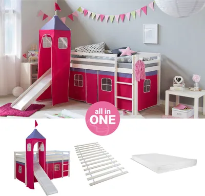 Produktbild von Homestyle4u Hochbett 90x200 mit Matratze Turm Rutsche Vorhang pink Kinderbett Weiß Holz Kiefer Massiv Lattenrost