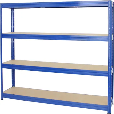Produktbild von Schwerlastregal DINO | HxBxT 180x200x45cm | 4 MDF-Platten-Ebenen 6,5 mm | Fachlast 500kg | Blau