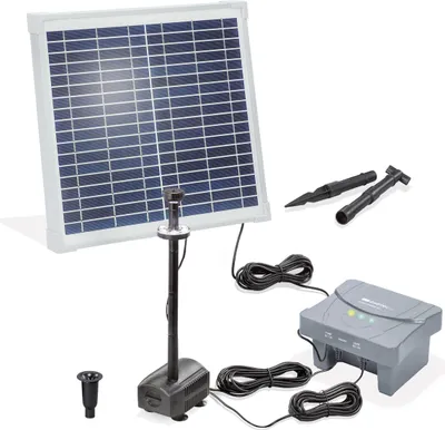 A solar-powered fountain pump kit with a solar panel, pump, battery unit, and accessories, displayed against a white background.