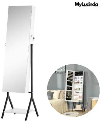 Produktbild von Famanu Schmuckhalter mit Spiegel – Verstellbarer Winkel – Schmuckschrank mit viel Stauraum und Schloss – 47x36x157 cm – Weiß