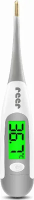 A digital thermometer with a screen displaying a temperature reading.