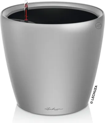 A silver metallic planter with a self-watering system.